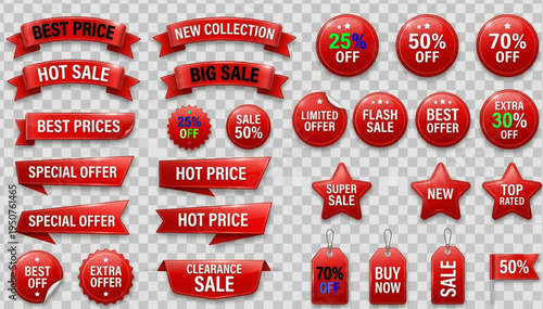 Red sale badges labels collection with discount tags promotional stickers ribbons banners special offer best price hot sale clearance shopping vector set
