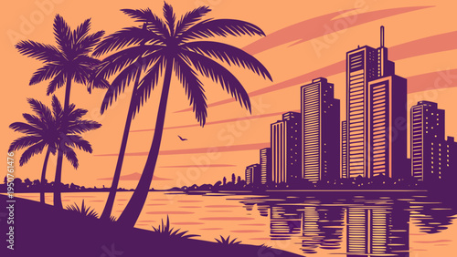 Coastal Metropolis Skyline Silhouetted Against Warm Sunset with Tropical Palm Trees and Water Reflections miami skyline vector