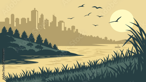 Serene Waterfront Landscape Contrasting Natural Foreground with Distant Urban Skyline During Warm Sunset miami skyline vector