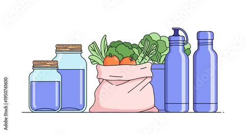 Vector illustration of a reusable bag with vegetables and eco-friendly containers for a sustainable living concept on International Day of Zero Waste