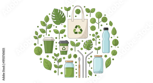 Eco-friendly living concept illustration with sustainable lifestyle icons, including a reusable bag, recycling symbol, fruits, vegetables, and eco-friendly drinkware, surrounded by leaves