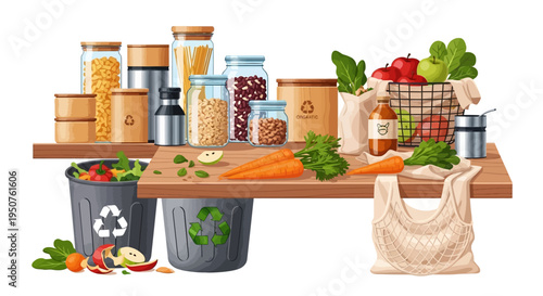 Illustration of a sustainable living concept with eco-friendly kitchen items, fruits, vegetables, and recycling bins on a wooden table