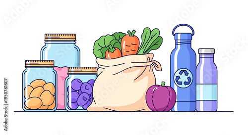 A sustainable living concept illustration featuring a tote bag with vegetables, surrounded by jars of fruits, bottles, and a cup, promoting a zero waste lifestyle and eco friendly habits