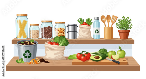 Illustration of a kitchen shelf with eco-friendly and sustainable living concept items, including recyclable materials, fruits, vegetables, and a zero waste lifestyle setup