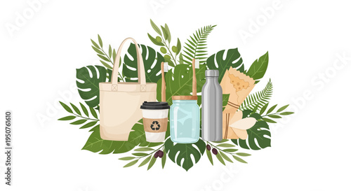 Eco-friendly sustainable living concept illustration with zero waste lifestyle elements, featuring a reusable bag, cup, bottle, and healthy food, surrounded by green leaves on a white