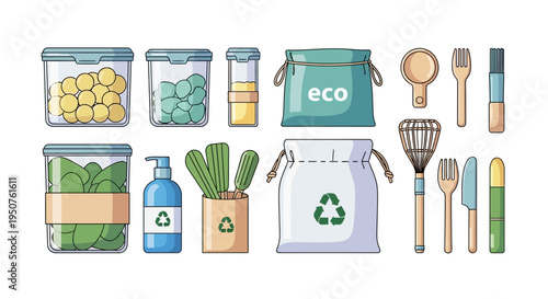 Illustration of eco-friendly kitchen utensils, food storage containers, and recycling symbols for a sustainable living concept with a focus on zero waste lifestyle and healthy eating