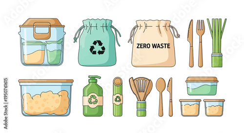 Illustration of eco-friendly kitchen utensils and food storage containers for a sustainable living concept with zero waste lifestyle and healthy food
