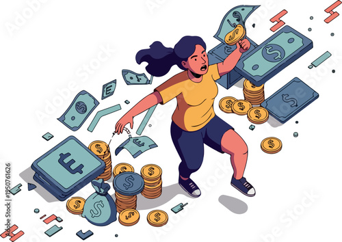 Woman Holding Money With Coins And Bills And Bags In Flat Design