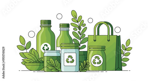 Illustration of eco-friendly products and recycling symbols for sustainable living and zero waste lifestyle