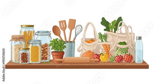 An eco friendly kitchen countertop with reusable bags, fresh fruits, vegetables, and glass jars on a wooden surface promoting a zero waste lifestyle and sustainable living concept