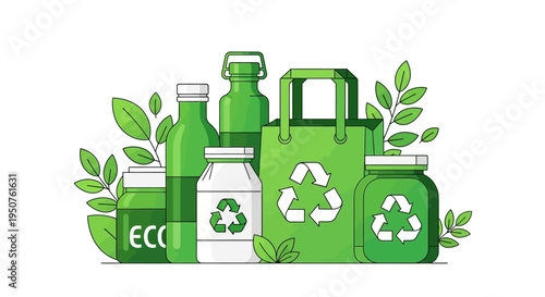 Eco-friendly products illustration for sustainable living with recycling symbols on a white background