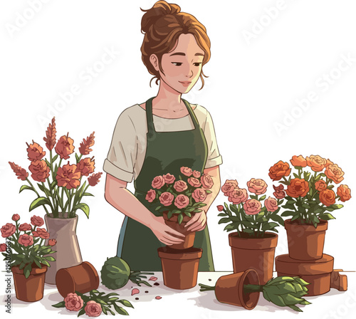 Woman Gardening Pink Flowers Potted Plants Green Apron Soft Natural Light