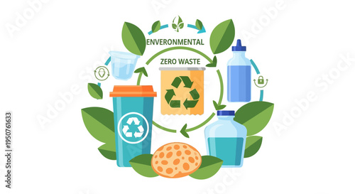 A vibrant illustration showcasing eco-friendly living with recyclable items, fruits, and leaves, promoting a sustainable lifestyle and zero waste concept