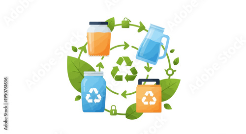 Eco-friendly illustration of recycling and sustainable living with icons of recycling bins, glass bottle, and jug surrounded by leaves and arrows on white background