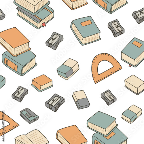 Seamless Pattern Books Erasers Rulers Pencil Sharpeners Education Background