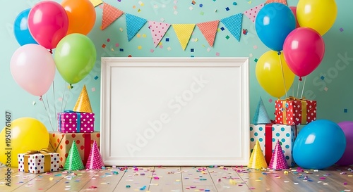 Party scene w/ empty frame, balloons, gifts, & confetti, against a mint green backdrop