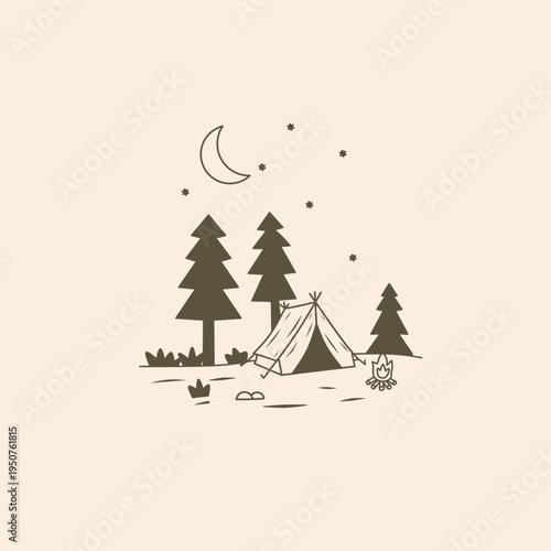 Minimalist Hand-Drawn Camping Scene Illustration with Tent, Pine Trees, and Crescent Moon