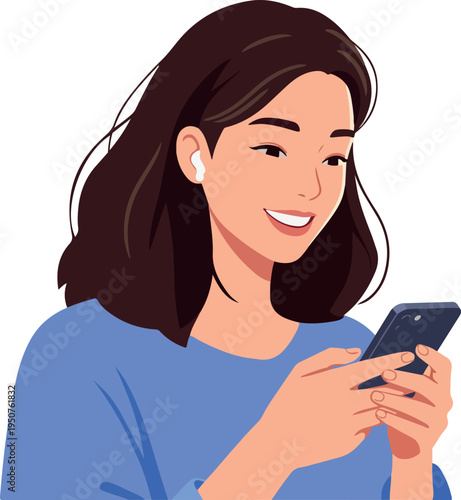 Woman Smiling Listening Music Holding Phone Blue Sweater