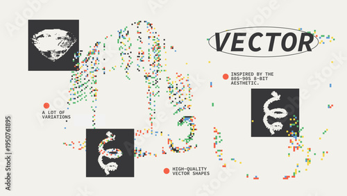 Geometric Shapes Set With Vector Bitmap Dithering Texture.