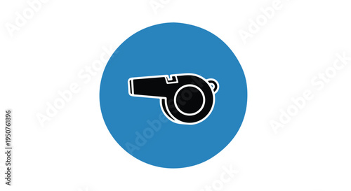 A black and white illustration of a referee whistle on a blue circular background.