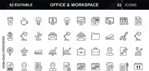 Office and Workspace Vector Icon Set Featuring Business Stationery Desk Supplies Productivity Tools and Corporate Management Graphic Elements,