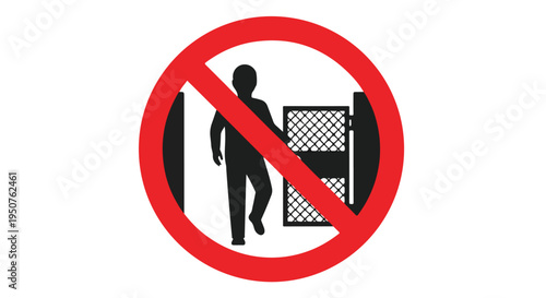 Graphic symbol prohibiting entry with a person silhouette and gate in a red circle on a white background