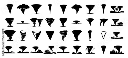 Tornado and Twister Silhouette Set – Severe Storm Funnels and Weather Disaster Icons Collection