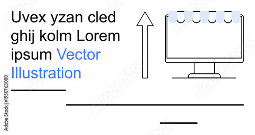 Web development, educational materials, user interface design, data presentation, minimal artwork, informational diagrams. Features monitor, upward arrow placeholder text. Web development