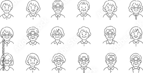 Cartoon elderly people portraits collection showing diverse hairstyles clothing facial features inclusivity demographic variety healthcare social education flat vector