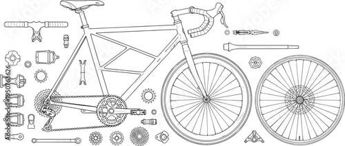 Detailed road bicycle vector illustration set featuring racing frame drop handlebars wheels gears and technical cycling components,