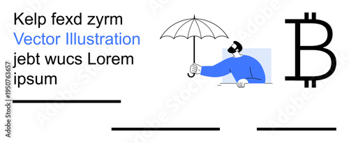 Financial security, cryptocurrency concepts, digital assets, money protection, modern economy, technology. Man with umbrella, Bitcoin symbol placeholder text. Financial security and cryptocurrency