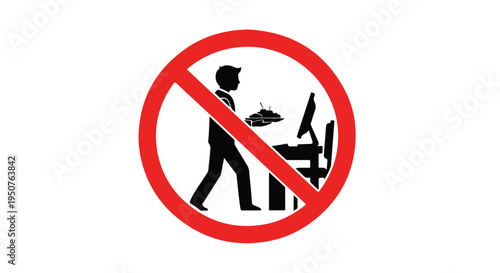 A graphic illustration of a person walking with a laptop and coffee cup in a prohibited symbol with a red circle and diagonal line on a white background.