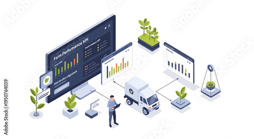 Isometric illustration of a farm performance monitoring system with data analysis, a delivery truck, and plants.