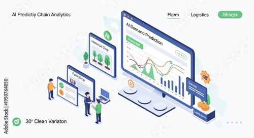 AI-powered supply chain analytics platform with demand prediction and logistics management features, visualized with isometric illustrations.