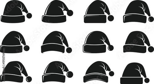 Santa hat silhouette collection featuring diverse shapes pom-poms brims festive holiday Christmas decoration cartoon design winter celebration artwork flat vector