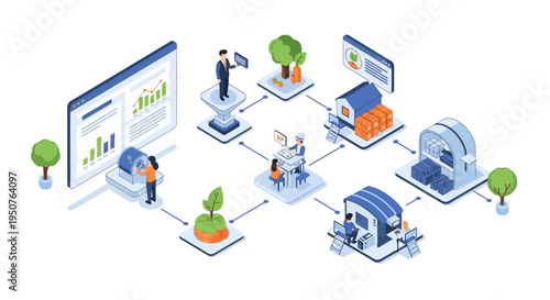 Visual representation of a modern, interconnected business process, showcasing data analysis, production, and distribution in a streamlined workflow.