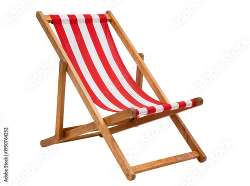 Bild auf Leinwand Classic red and white striped wooden deck chair, perfectly isolated PNG on a tra
