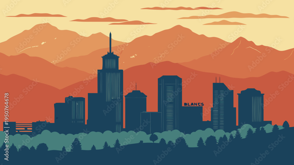 Obraz premium Urban Skyline Silhouette Against Layered Mountain Range During Sunset Atmosphere Landscape Design denver skyline vector