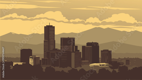 Retro Skyline View of Tall Buildings Against Layered Mountain Range with Sepia Toned Clouds and Atmosphere denver skyline vector