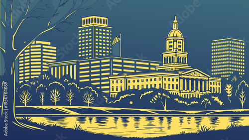 Downtown Cityscape with Government Building Dome and Modern High Rises Reflected at Night denver skyline vector