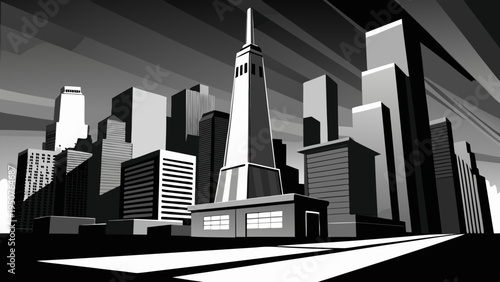 Monochrome cityscape silhouette with towering skyscrapers and strong linear perspective under dramatic sky lighting denver skyline vector