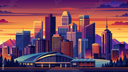Metropolis Skyline Silhouette Against Vivid Sunset Over Stadium Structure and Distant Mountains denver skyline vector