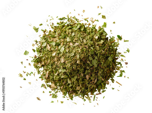Fényképezés Pile of dried green oregano or marjoram herbs, finely chopped and scattered, cre