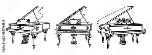 Grand piano set with ornate Victorian line art featuring floral motifs, decorative flourishes, detailed engraving with white background and elegant design
