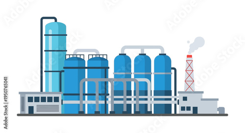 A detailed illustration of a modern industrial chemical plant with large blue storage tanks, pipes, and a smoking chimney.