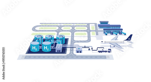 Illustration of a hydrogen production and distribution facility at an airport, supplying fuel to an airplane.