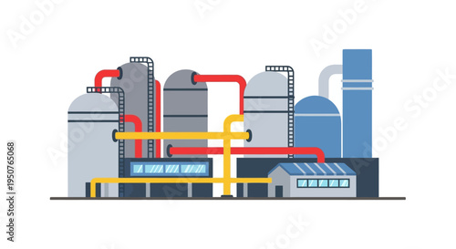 Illustration of a modern industrial complex with interconnected tanks, pipes, and a control building.