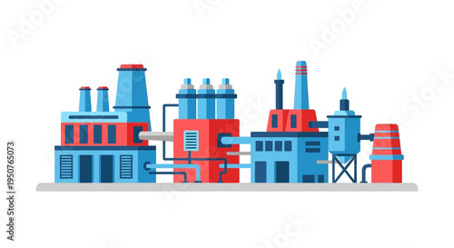 A colorful, flat illustration of a modern industrial factory complex with multiple buildings, pipes, and smokestacks.