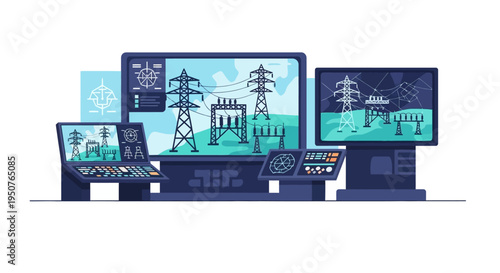 Modern control room displaying electrical grid infrastructure on multiple screens, symbolizing energy management and technological oversight.