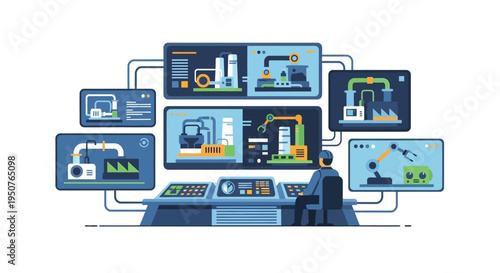 A person sits at a control panel with multiple screens displaying industrial processes and robotic arms, illustrating a modern factory automation system.